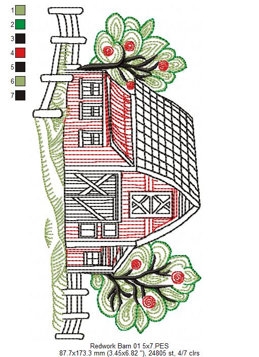 Barn with trees - Redwork - Machine Embroidery Design