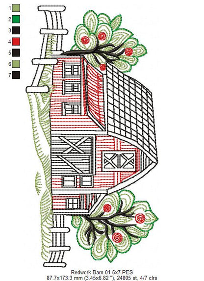 Barn with trees - Redwork - Machine Embroidery Design