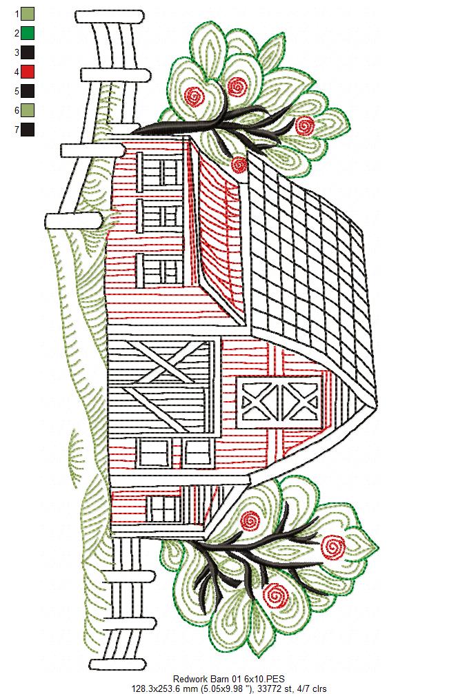 Barn with trees - Redwork - Machine Embroidery Design