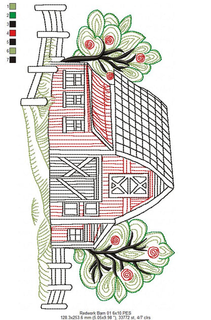 Barn with trees - Redwork - Machine Embroidery Design