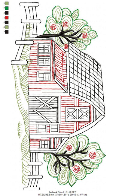 Barn with trees - Redwork - Machine Embroidery Design