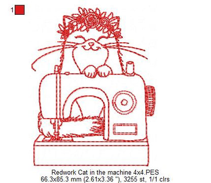 Cat in Sewing Machine - Redwork