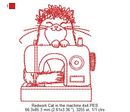 Cat in Sewing Machine - Redwork