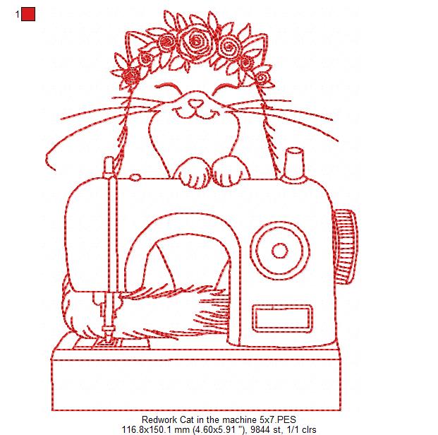 Cat in Sewing Machine - Redwork