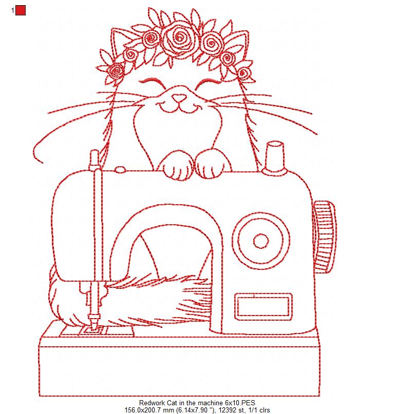 Cat in Sewing Machine - Redwork