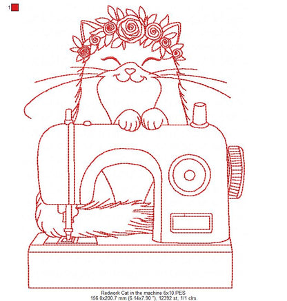 Cat in Sewing Machine - Redwork