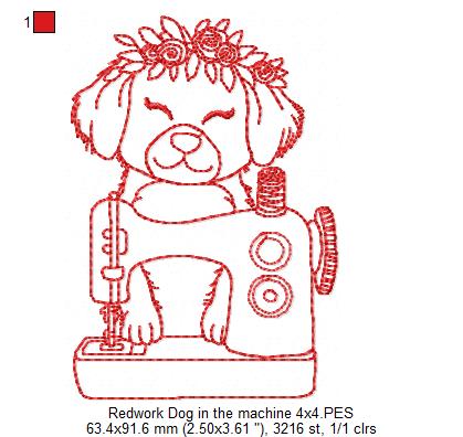 Dog in Sewing Machine - Redwork