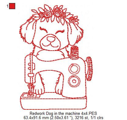 Dog in Sewing Machine - Redwork
