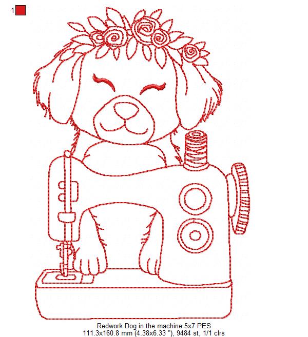Dog in Sewing Machine - Redwork
