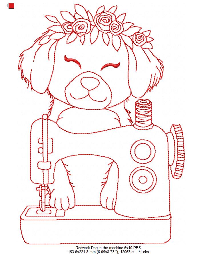 Dog in Sewing Machine - Redwork