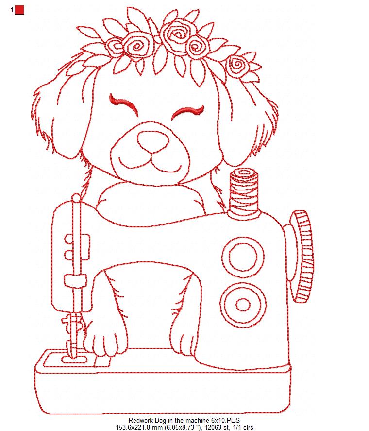 Dog in Sewing Machine - Redwork