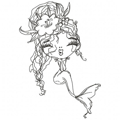 Cute Mermaid Kiss - Redwork - Machine Embroidery Design