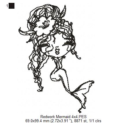 Cute Mermaid Kiss - Redwork - Machine Embroidery Design