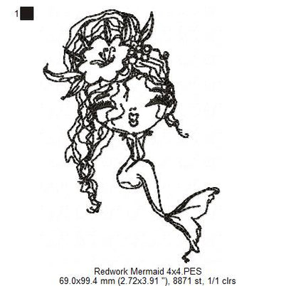 Cute Mermaid Kiss - Redwork - Machine Embroidery Design