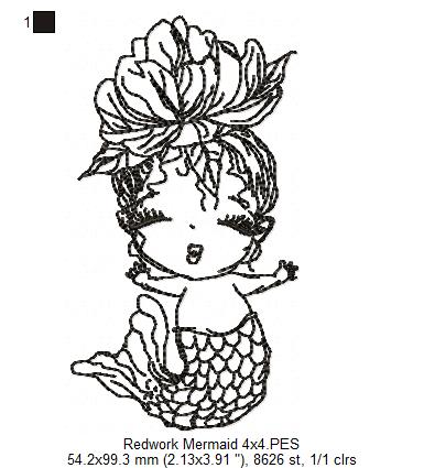 Cute Mermaid - Redwork - Machine Embroidery Design