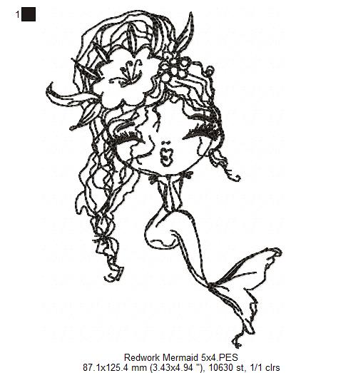 Cute Mermaid Kiss - Redwork - Machine Embroidery Design