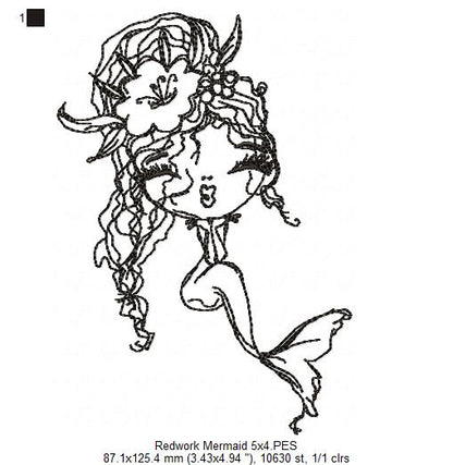 Cute Mermaid Kiss - Redwork - Machine Embroidery Design