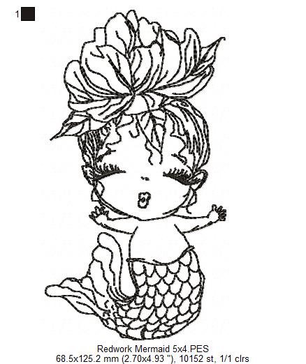 Cute Mermaid - Redwork - Machine Embroidery Design