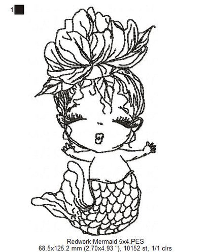 Cute Mermaid - Redwork - Machine Embroidery Design