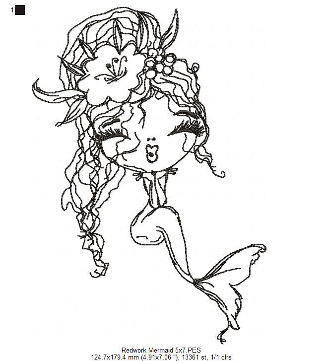 Cute Mermaid Kiss - Redwork - Machine Embroidery Design