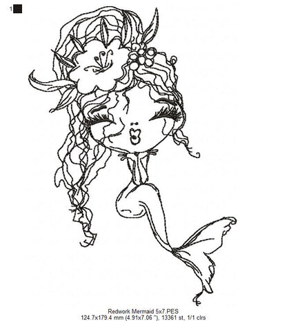 Cute Mermaid Kiss - Redwork - Machine Embroidery Design