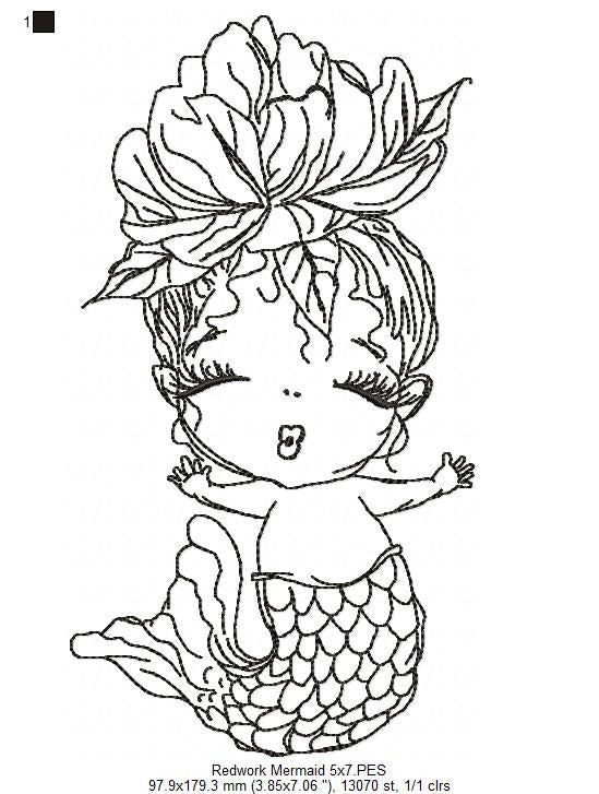 Cute Mermaid - Redwork - Machine Embroidery Design