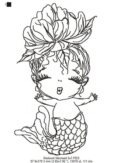 Cute Mermaid - Redwork - Machine Embroidery Design