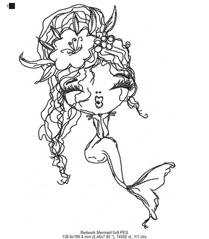 Cute Mermaid Kiss - Redwork - Machine Embroidery Design
