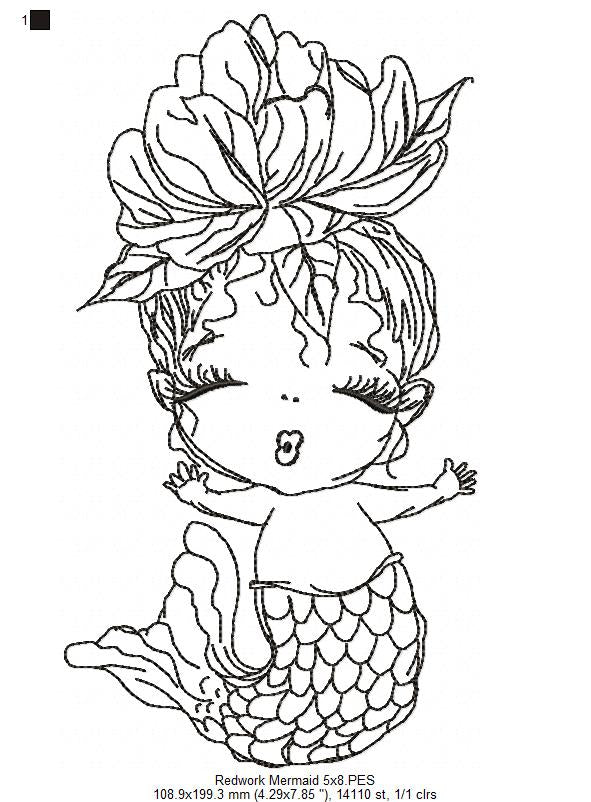Cute Mermaid - Redwork - Machine Embroidery Design