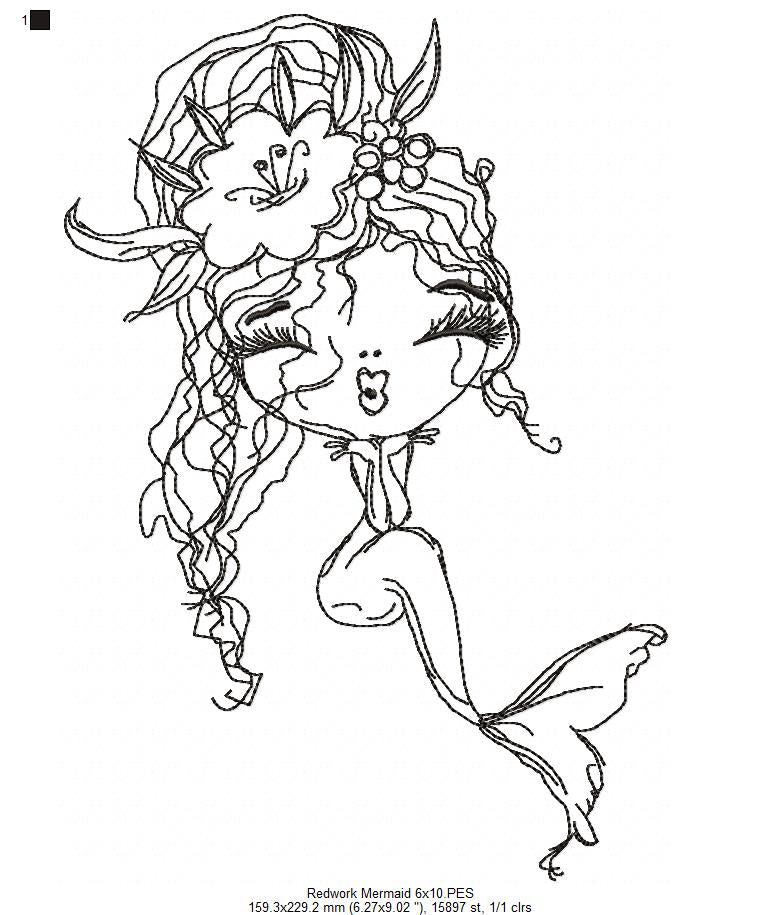 Cute Mermaid Kiss - Redwork - Machine Embroidery Design