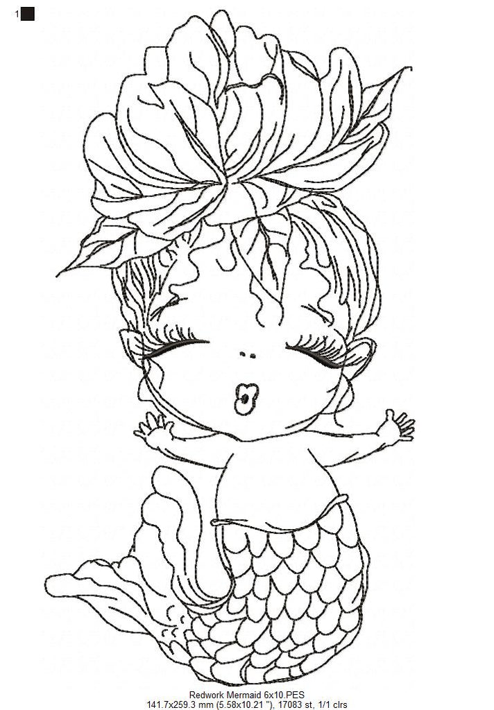 Cute Mermaid - Redwork - Machine Embroidery Design
