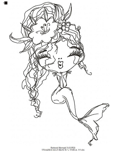 Cute Mermaid Kiss - Redwork - Machine Embroidery Design