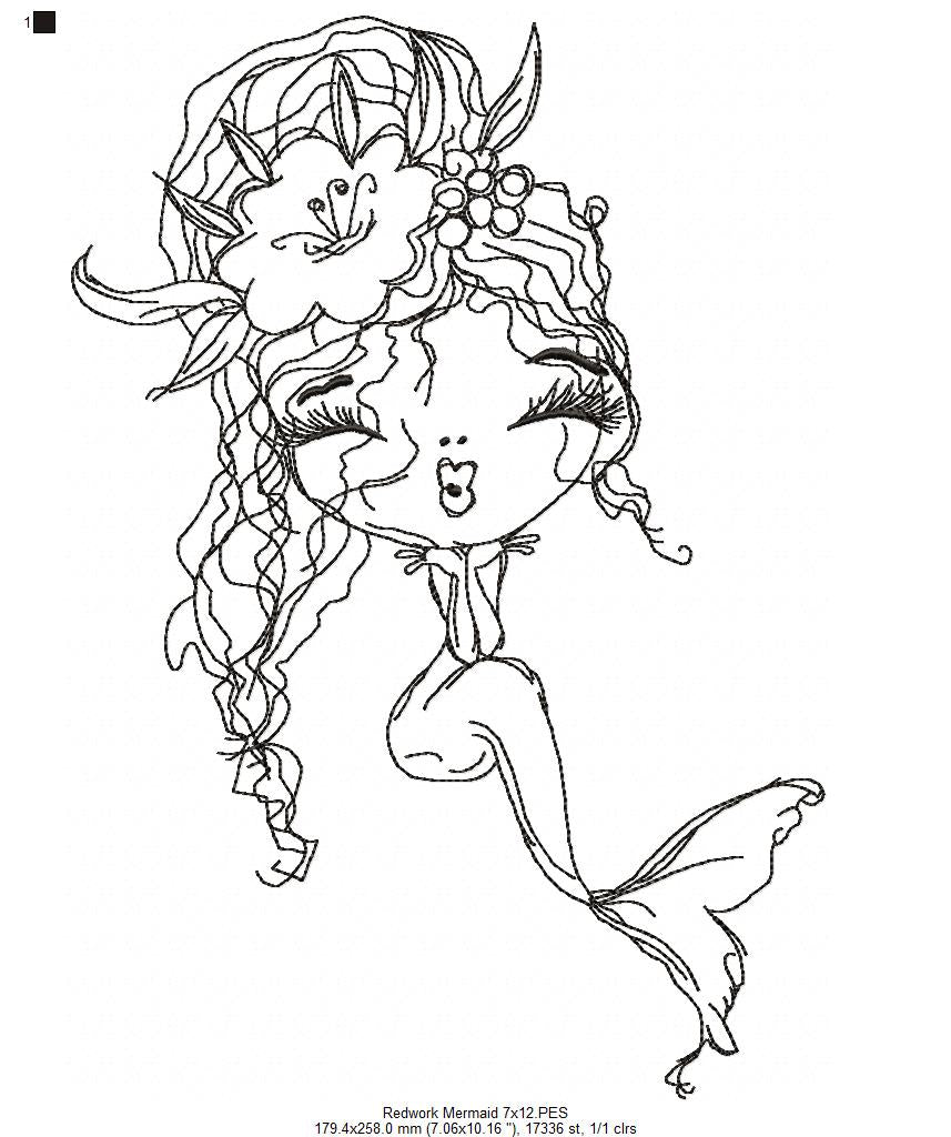 Cute Mermaid Kiss - Redwork - Machine Embroidery Design