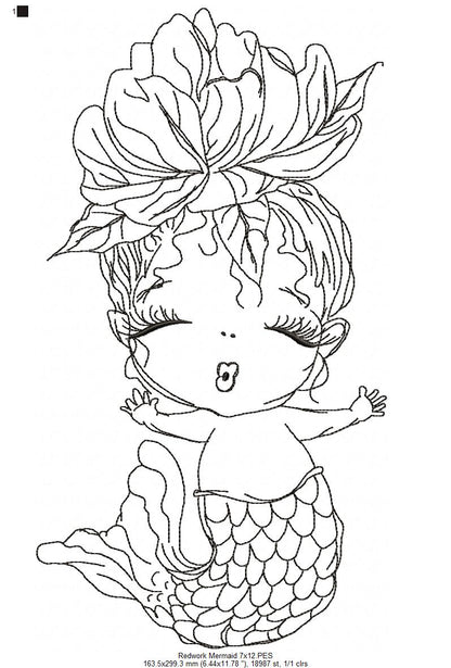 Cute Mermaid - Redwork - Machine Embroidery Design