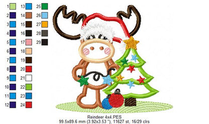 Cute Reindeer & Christmas Tree – Applique – Machine Embroidery Design
