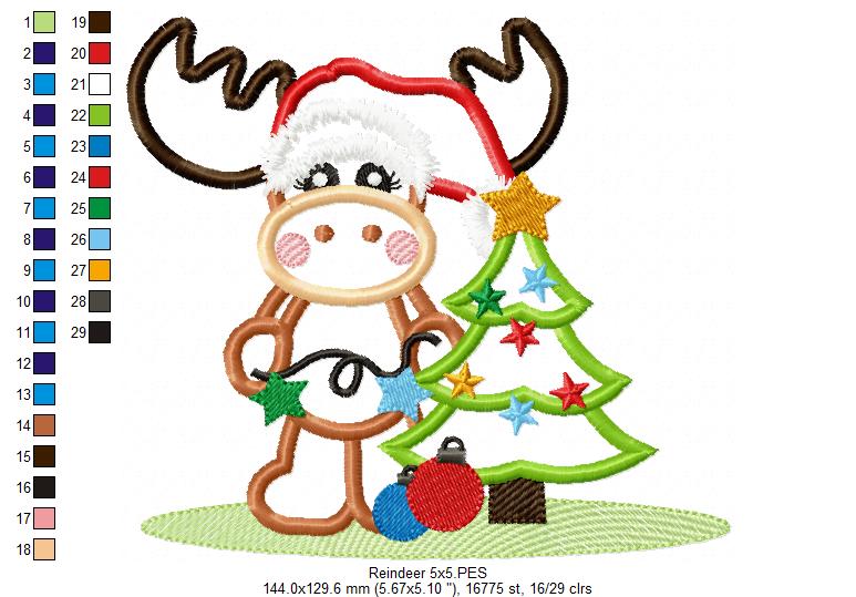 Cute Reindeer & Christmas Tree – Applique – Machine Embroidery Design