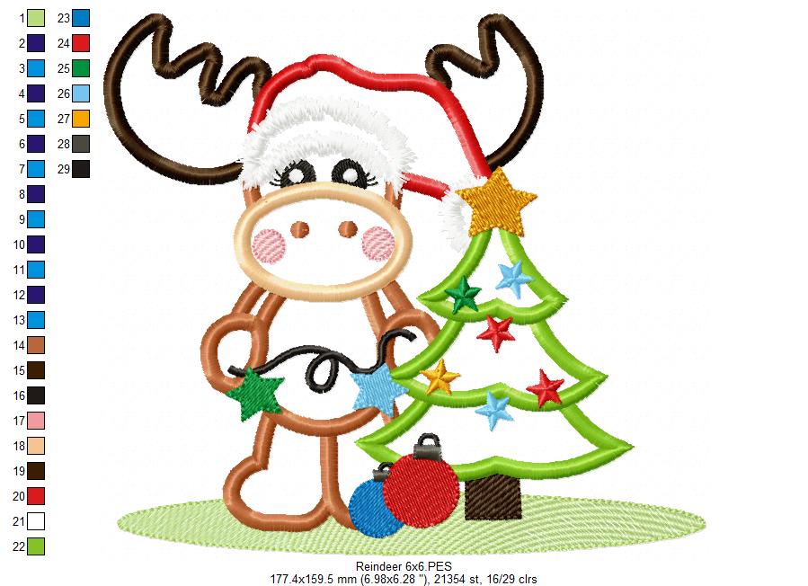Cute Reindeer & Christmas Tree – Applique – Machine Embroidery Design