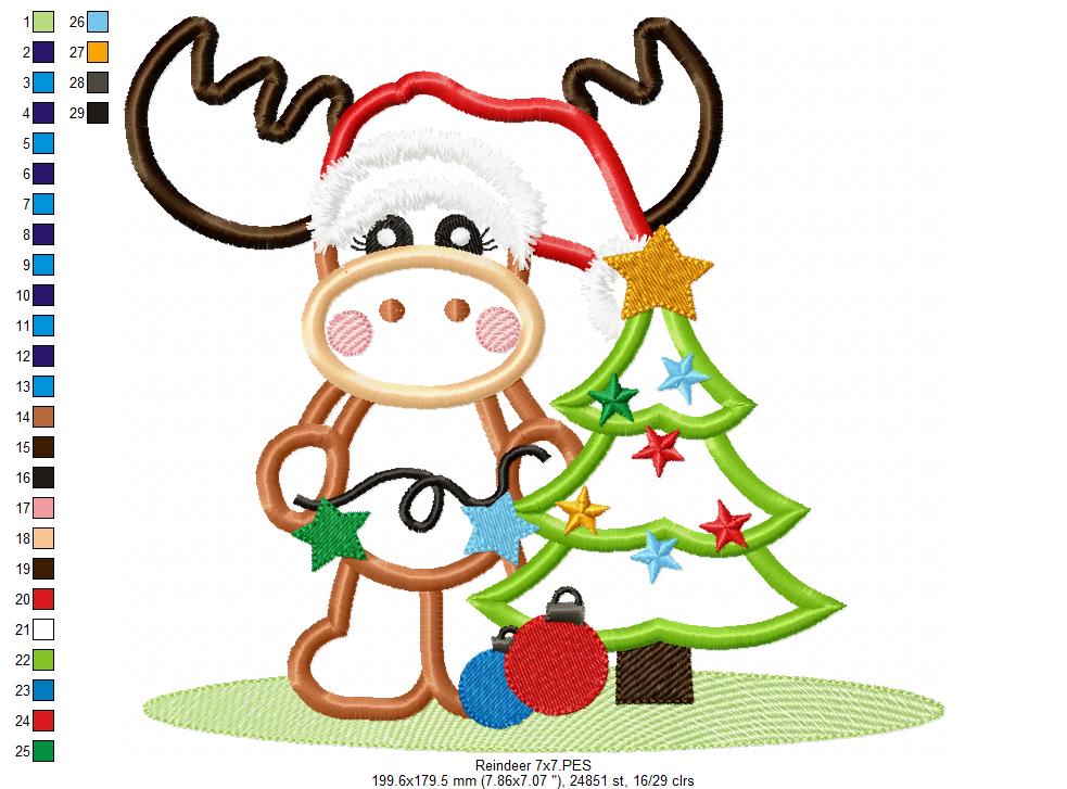 Cute Reindeer & Christmas Tree – Applique – Machine Embroidery Design