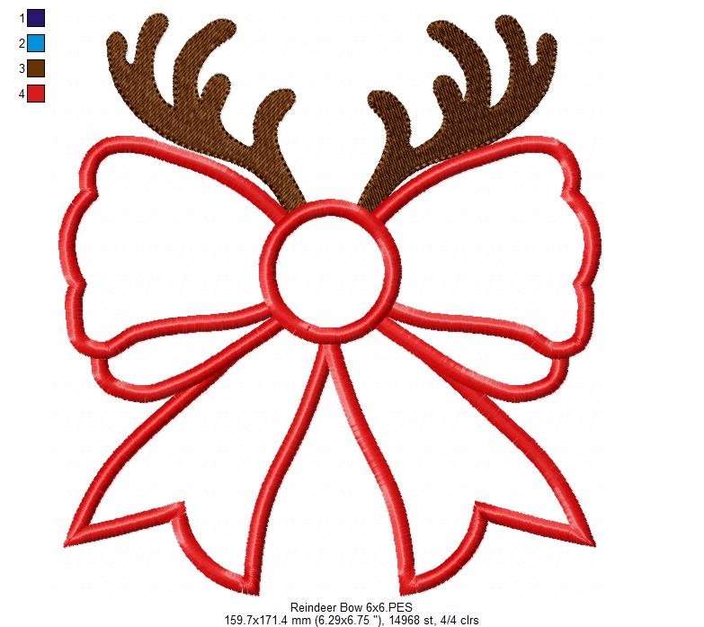 Christmas Coquette Bow Reindeer - Applique - Machine Embroidery Design