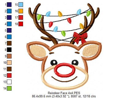 Reindeer and Christmas Lights - Applique - Machine Embroidery Design