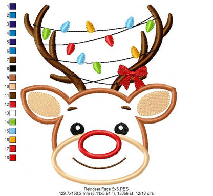 Reindeer and Christmas Lights - Applique - Machine Embroidery Design