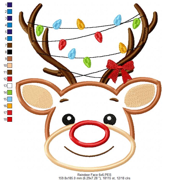 Reindeer and Christmas Lights - Applique - Machine Embroidery Design