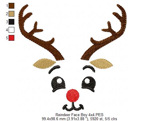 Christmas Rudolph Reindeer Face Boy - Fill Stitch - Machine Embroidery Design