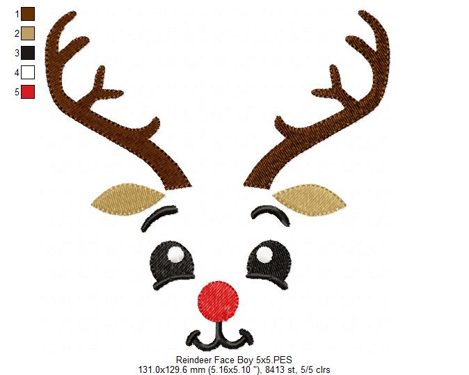 Christmas Rudolph Reindeer Face Boy - Fill Stitch - Machine Embroidery Design