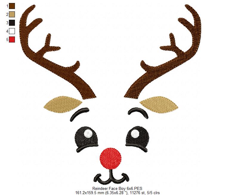 Christmas Rudolph Reindeer Face Boy - Fill Stitch - Machine Embroidery Design