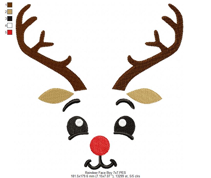 Christmas Rudolph Reindeer Face Boy - Fill Stitch - Machine Embroidery Design