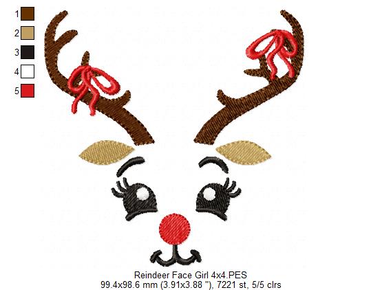 Christmas Rudolph Reindeer Face Girl - Fill Stitch - Machine Embroidery Design