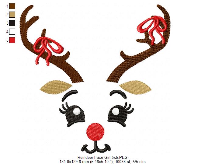 Christmas Rudolph Reindeer Face Girl - Fill Stitch - Machine Embroidery Design