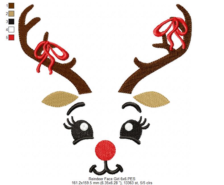 Christmas Rudolph Reindeer Face Girl - Fill Stitch - Machine Embroidery Design