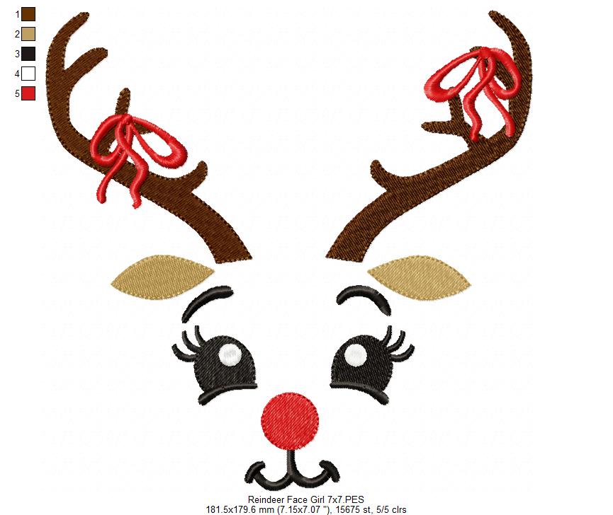 Christmas Rudolph Reindeer Face Girl - Fill Stitch - Machine Embroidery Design